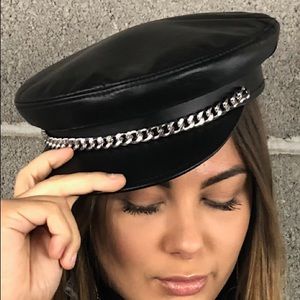 All Leather Chain-Trim Newsboy Cap